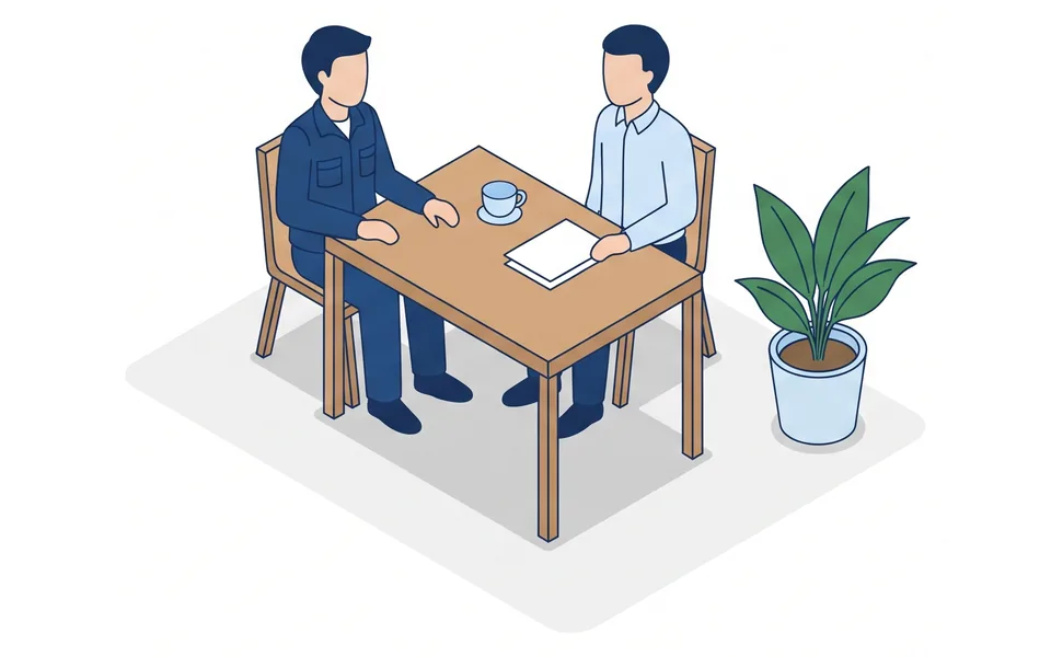 打ち合わせの机で、作業着の人とシャツの人が向かい合って話している絵