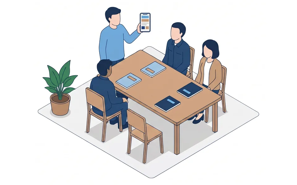机を囲む作業着の人と事務の人に、スマホの使い方を見せて説明している人の絵