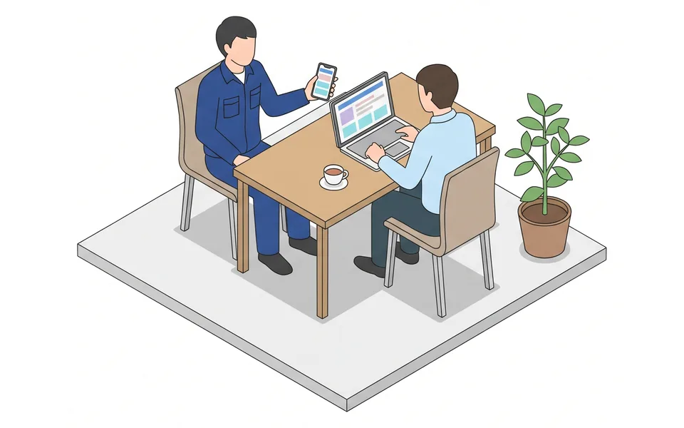 事務所の机の角をはさんで座り、作業着の人がスマホを手に持ち、シャツの人がパソコンで直している絵